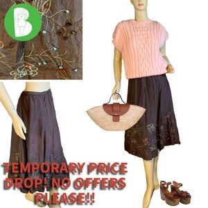 CHICO'S BROWN BEADED FLORAL PRINT SILK MIDI SKIRT (3/XL)